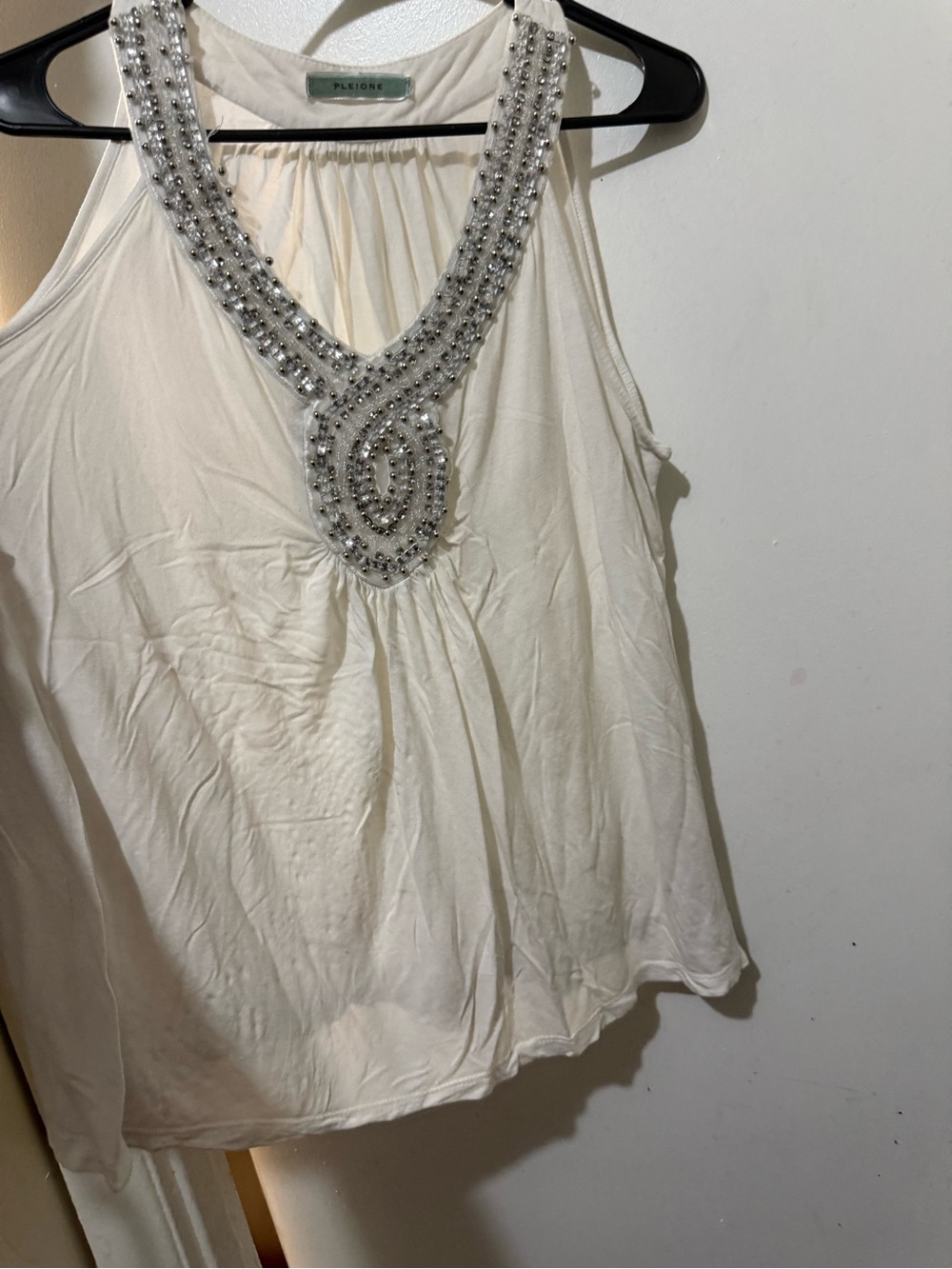 Pleione Cream Embellished V-Neck Halter Tank